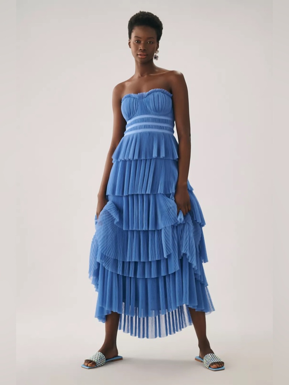 Hutch Strapless Tiered Midi Maxi Dress in Blue